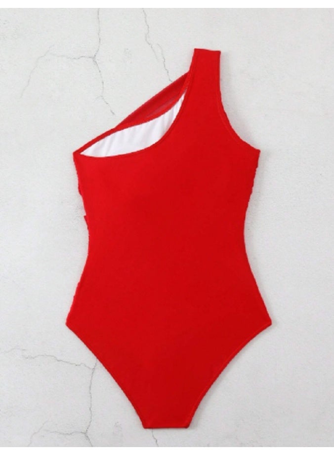 SHEIN Solid Color Ruffled One-Shoulder One-Piece Swimsuit Summer - Image 5