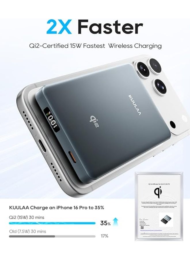 كولا بنك الطاقة 10000mAh Qi2 شاحن لاسلكي 15W الشحن السريع ، شاحن الهاتف المحمول المغناطيسي PD20W USB C حزمة بطارية متوافقة مع iPhone 17-12 Serie - رمادي - Image 2