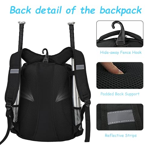 LARIPOP Youth Baseball Bag - Bat Backpack for Baseball, T-Ball & Softball Equipment & Gear, Bat & Glove Holder Gift, Large Main Compartment for Helmet & accessories, Separate Shoes Compartment, Fence Hook - Image 4