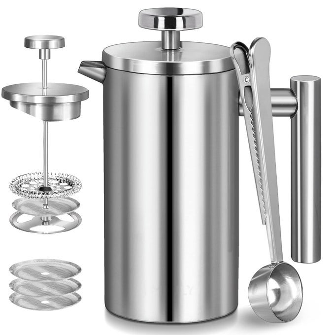FRENCH PRESS COFFEE MAKER 50OZ 304 STAINLESS STEEL DOUBLE WALL INSULATED PORTABLE COFFEE PRESS FOR CAMPING BACKPACKING KITCHEN GIFT SET WITH STAINLESS STEEL FILTER SILVER