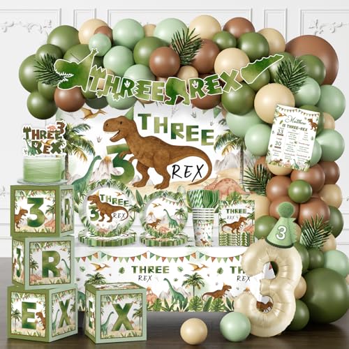 cocomigo 267pcs Three Rex Birthday Decorations Boy Complete Party Set 3 Rex Birthday Decorations Boys Serves 25 Guests for Dinosaur Theme 3rd Party Supplies - Image 1