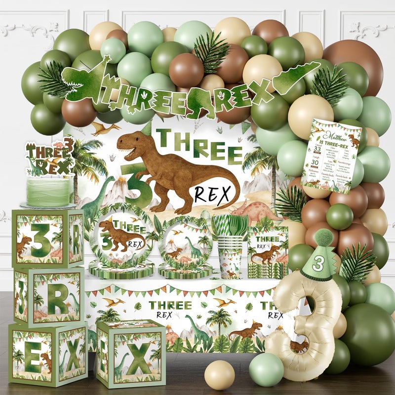 cocomigo 267pcs Three Rex Birthday Decorations Boy Complete Party Set 3 Rex Birthday Decorations Boys Serves 25 Guests for Dinosaur Theme 3rd Party Supplies - Image 2