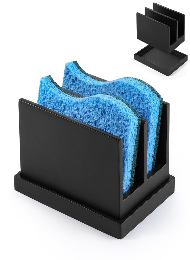 Luxspire Kitchen Sponge Holder for Sink, Resin Kitchen Sponge Holder with 2 Compartments, Sponge Holder for Kitchen Sink, Sponge Holder with Drip Tray, Matte Black - Image 1