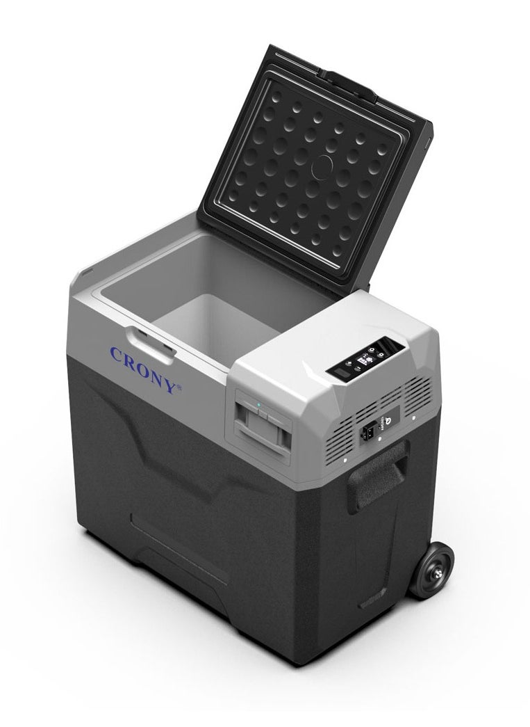 CX50 Car Refrigerator 50L with Lithium Battery, DC 12V/24V, -20°C to 20°C, LED Control Panel, App Connectivity, USB Charging, Trolley Wheels, Dual Power, Battery Protection