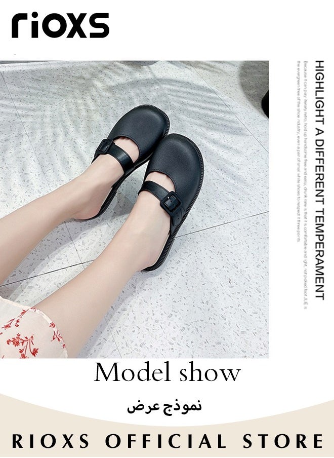 RIOXS - Women's Flat Mules Half Drag Shoes For Women Girls Closed Toe Sandals Ladies Female Fashion Comfortable Slippers Backless Mule Shoes Slip-On Flats With Buckle - Image 1