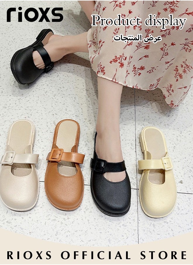 RIOXS - Women's Flat Mules Half Drag Shoes For Women Girls Closed Toe Sandals Ladies Female Fashion Comfortable Slippers Backless Mule Shoes Slip-On Flats With Buckle - Image 1
