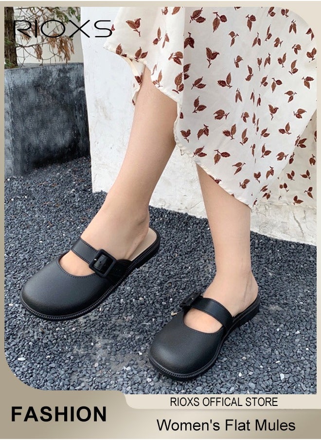RIOXS - Women's Flat Mules Half Drag Shoes For Women Girls Closed Toe Sandals Ladies Female Fashion Comfortable Slippers Backless Mule Shoes Slip-On Flats With Buckle - Image 1