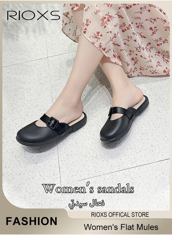 RIOXS - Women's Flat Mules Half Drag Shoes For Women Girls Closed Toe Sandals Ladies Female Fashion Comfortable Slippers Backless Mule Shoes Slip-On Flats With Buckle - Image 1
