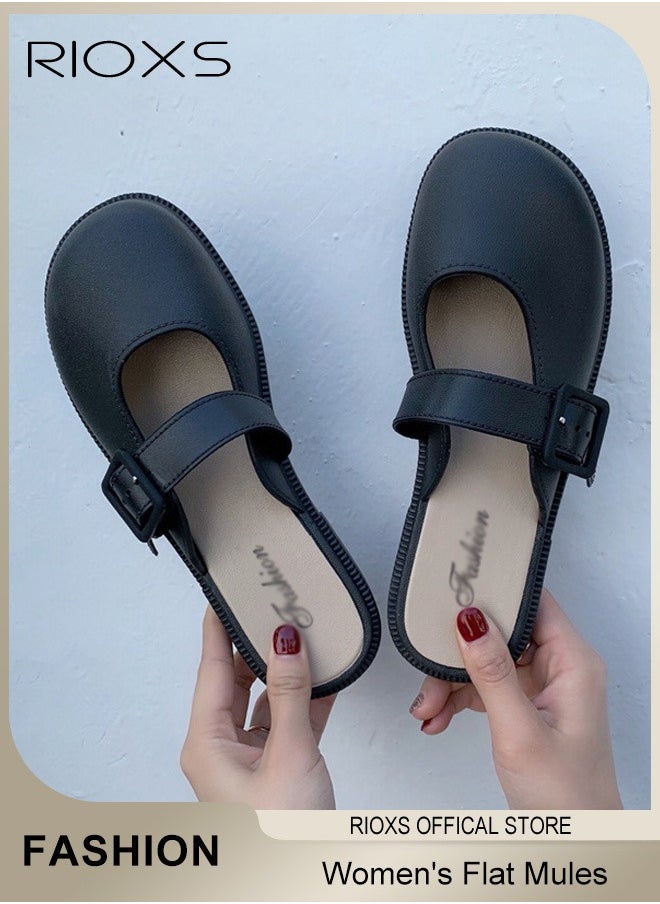 RIOXS - Women's Flat Mules Half Drag Shoes For Women Girls Closed Toe Sandals Ladies Female Fashion Comfortable Slippers Backless Mule Shoes Slip-On Flats With Buckle - Image 1