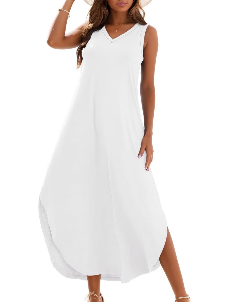 Zilcremo Women's Summer Casual Loose Sundress Long Dress Sleeveless V Neck Split Tshirt Maxi Dresses White S - Image 1