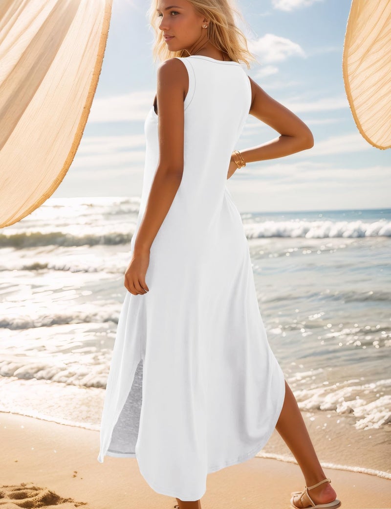 Zilcremo Women's Summer Casual Loose Sundress Long Dress Sleeveless V Neck Split Tshirt Maxi Dresses White S - Image 4