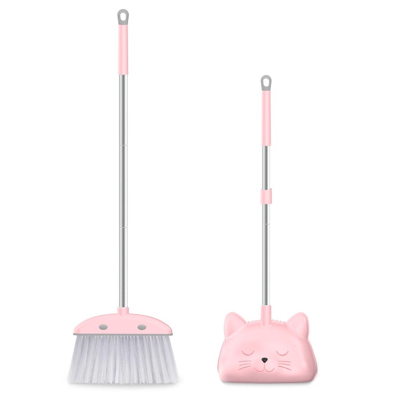 nacena Mini Broom with Dustpan for Kids, 28-in Handle Kids Broom and Dustpan Set for Toddlers Cat-Shaped Children Broom and Cleaning Set Boys Girls Small Housekeeping Helper Set, Pink - Image 1