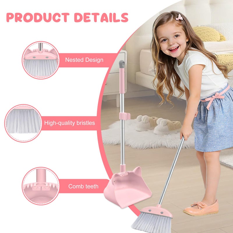nacena Mini Broom with Dustpan for Kids, 28-in Handle Kids Broom and Dustpan Set for Toddlers Cat-Shaped Children Broom and Cleaning Set Boys Girls Small Housekeeping Helper Set, Pink - Image 3