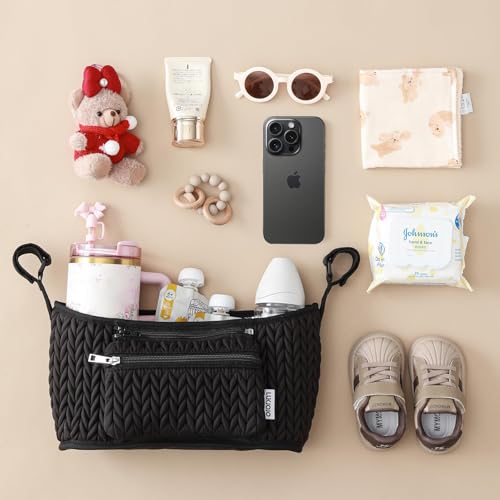 LUKJOJO Stroller Organizer Stylish Quilting Nylon Universal Fit Detachable Bag Adjustable MultiStorage for Baby Stroller and Pet StrollerBlackA - Image 3
