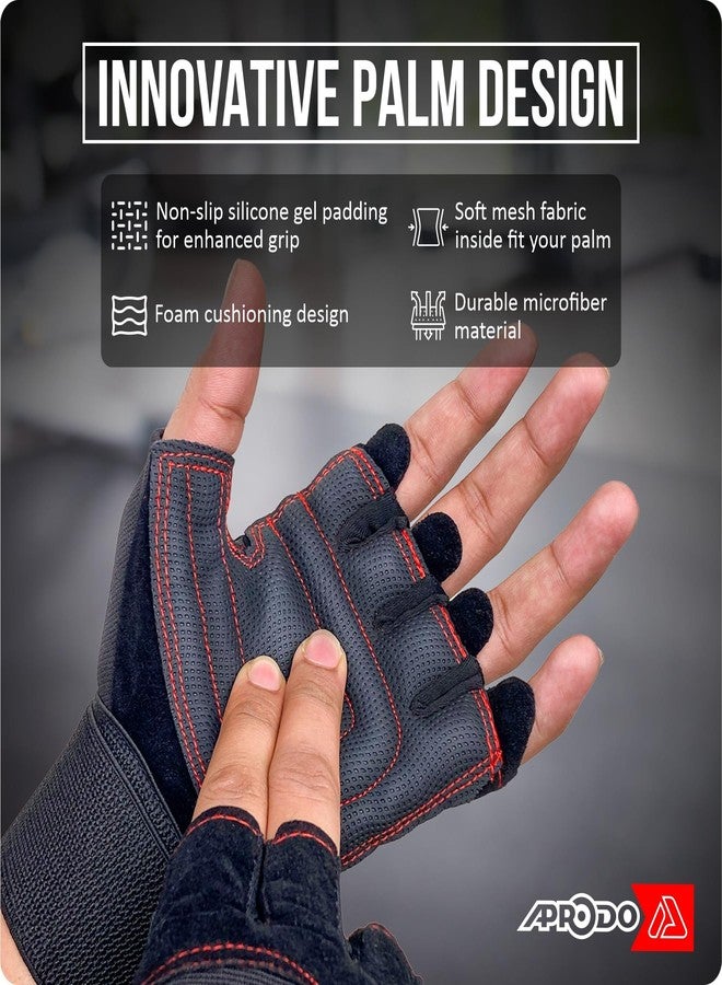 Aprodo Microfiber Torrido Half Finger Workout Gym Gloves with Wrist Support Strap | 1 Pair - Free Size (Black) | Fitness Gloves with Breathable Non-Slip Grip | Wrist Band for Dumbbell, Exercise - Image 5