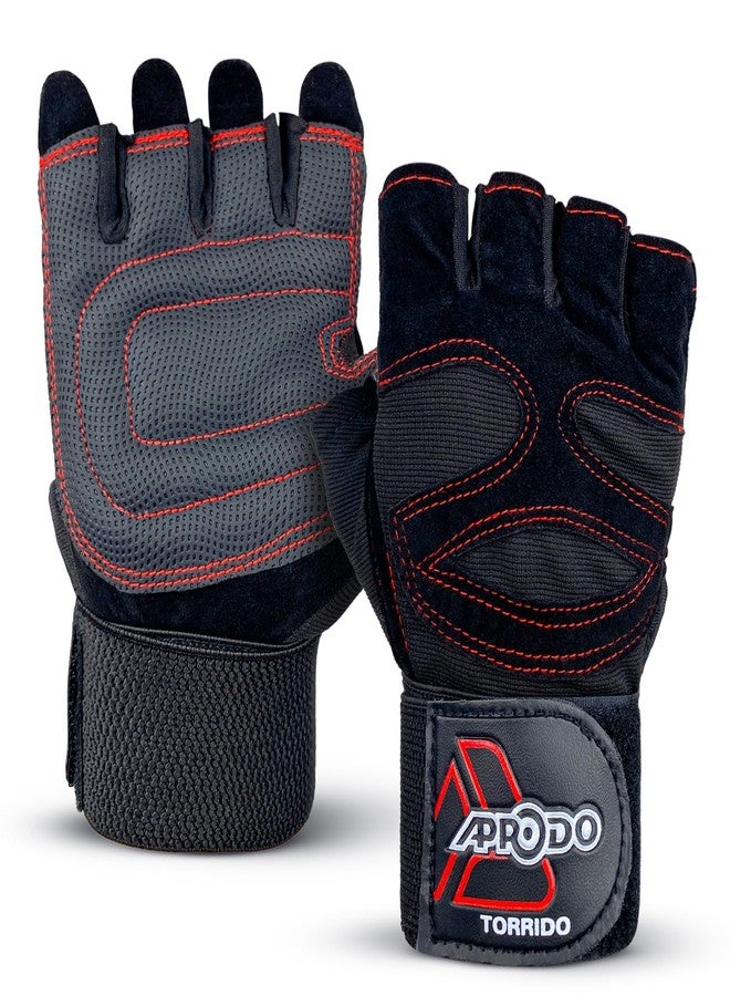 Aprodo Microfiber Torrido Half Finger Workout Gym Gloves with Wrist Support Strap | 1 Pair - Free Size (Black) | Fitness Gloves with Breathable Non-Slip Grip | Wrist Band for Dumbbell, Exercise - Image 1