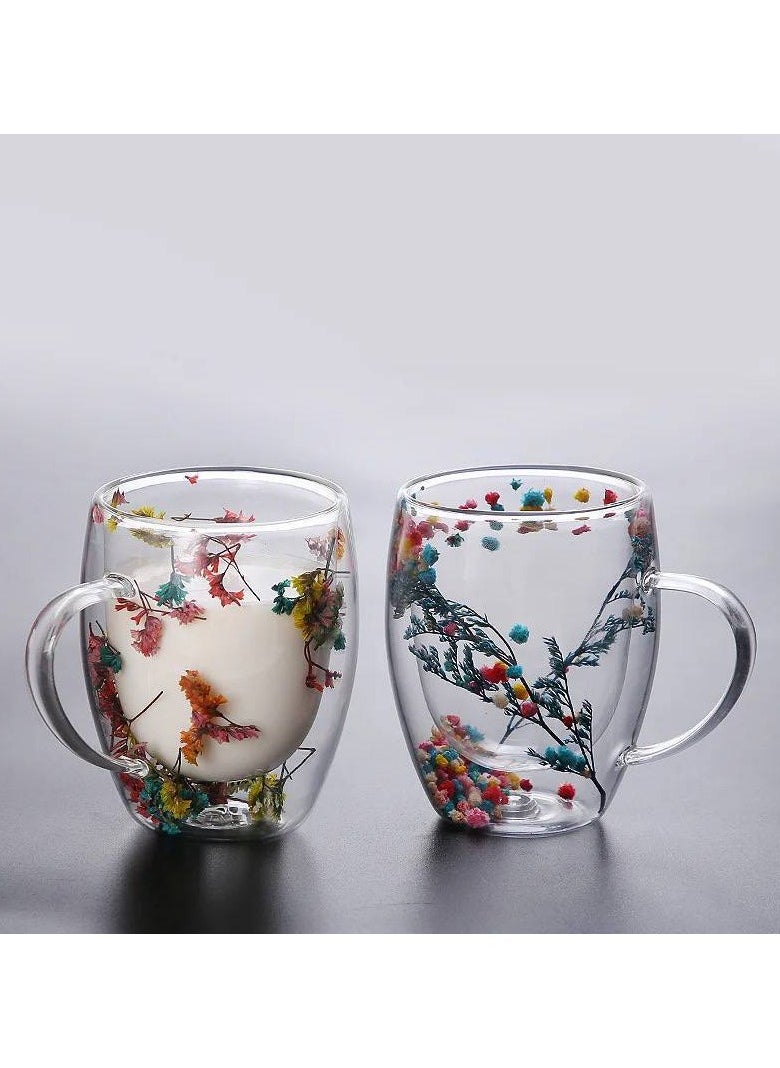 Pyrex glass cup Two-layer transparent decorated with dried flowers on the inside with a handle for hot and cold, 350 ml