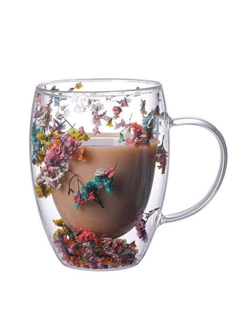 Pyrex glass cup Two-layer transparent decorated with dried flowers on the inside with a handle for hot and cold, 350 ml
