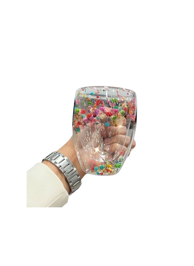 Pyrex glass cup Two-layer transparent decorated with dried flowers on the inside with a handle for hot and cold, 350 ml