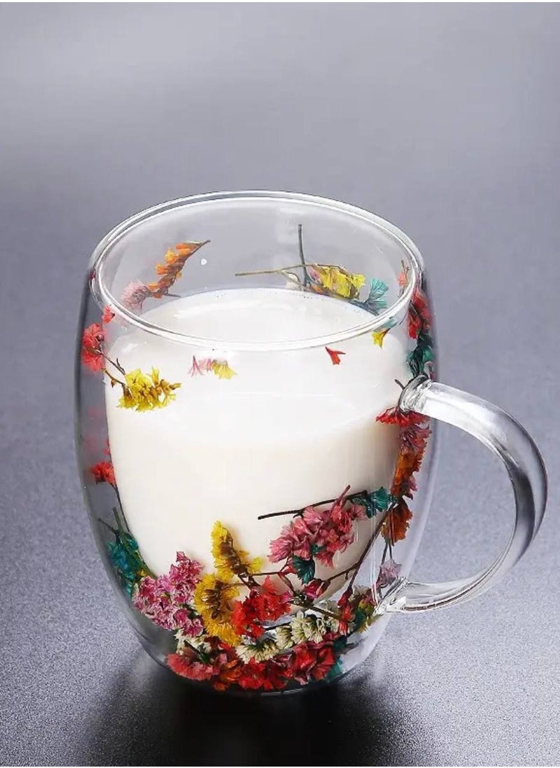 Pyrex glass cup Two-layer transparent decorated with dried flowers on the inside with a handle for hot and cold, 350 ml