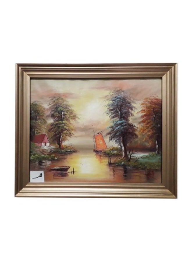 تابلوه منظر طبيعى زيت رسم باليد فريم خشب طبيعى ذهبى مقاس 48 × 58 سم
