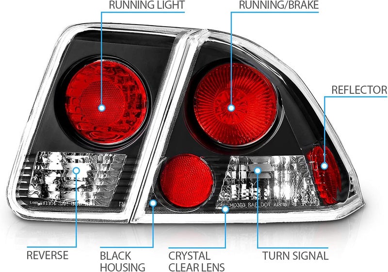 AmeriLite Black Euro Replacement Taillights for 2001-2005 Honda Civic 4 Door - Driver and Passenger Side - Image 4