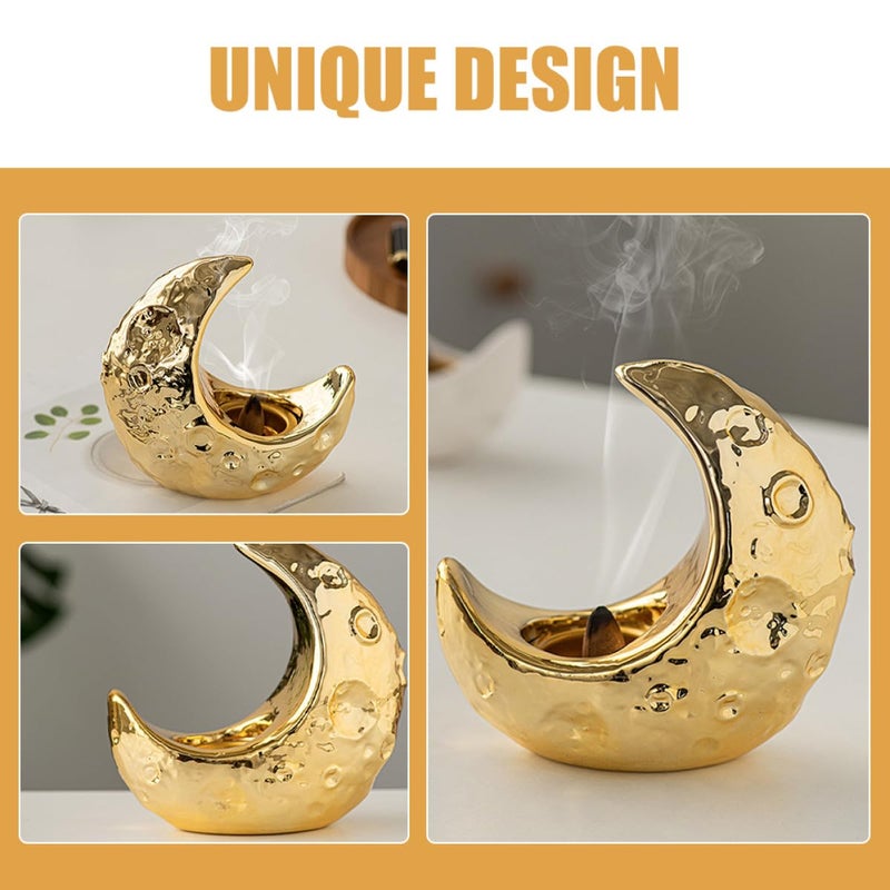 حامل مبخرة على شكل قمر من السيراميك الذهبي، أداة عطر للبيت والعلاج بالروائح - Image 4