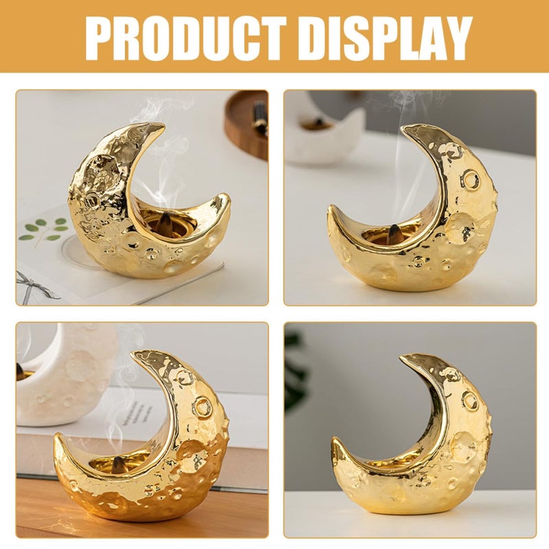 حامل مبخرة على شكل قمر من السيراميك الذهبي، أداة عطر للبيت والعلاج بالروائح - Image 5