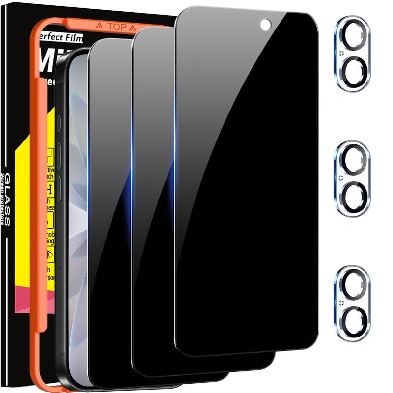 Milomdoi 3 Pack Privacy Screen Protector for iPhone 17 [Phone Case Friendly] Accessories Private Film, 3 Pacs Tempered Glass Camera Lens Protector, with Mounting Frame for Apple Anti Spy,Black - Image 1