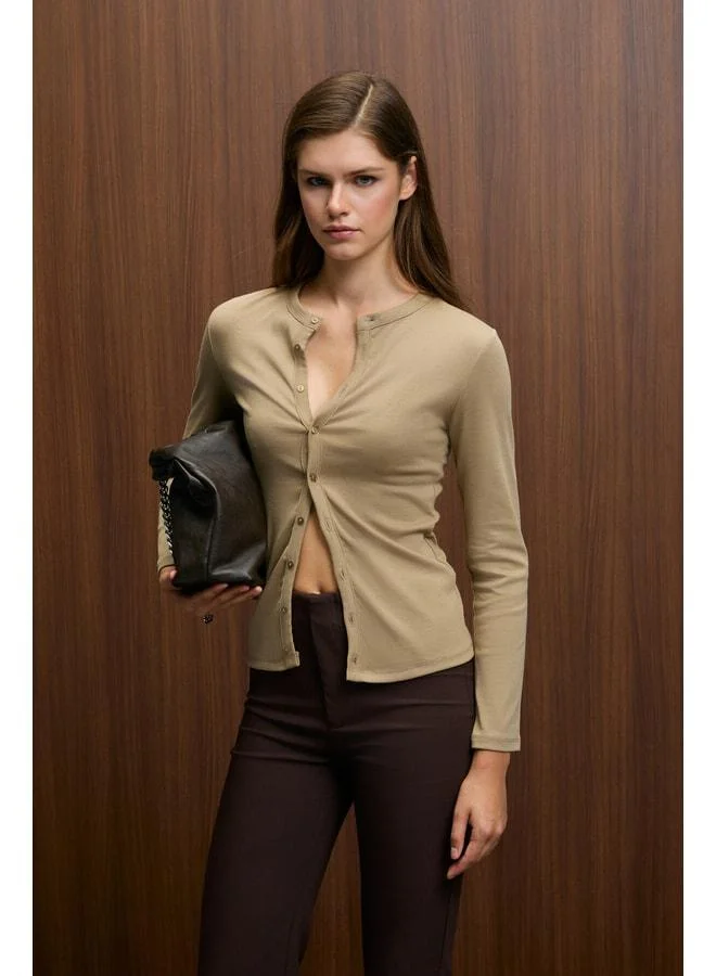 Grimelange TALUVIA Women's Stretch Fabric Body-Hugging Slim Fit Buttoned Violet Blouse.