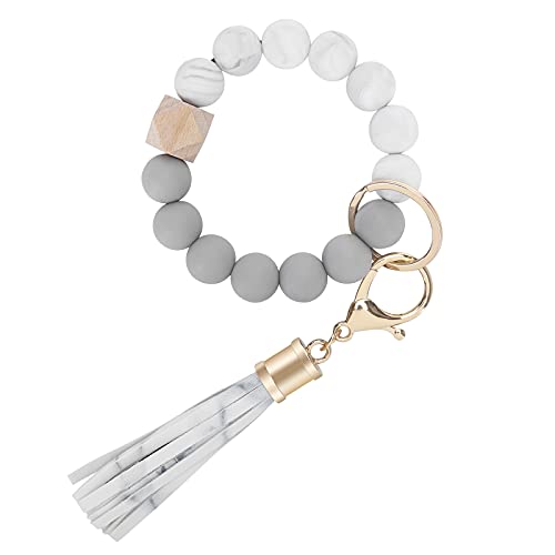 Weixiltc Keychain Wristlet for Women, Silicone Bead Bracelet with Leather Tassel, Cute Car Key Ring for Girls, Charm Key Chain Holder for Women (White) - Image 1
