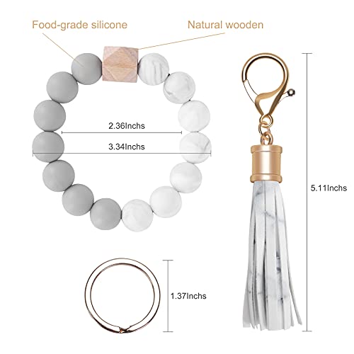 Weixiltc Keychain Wristlet for Women, Silicone Bead Bracelet with Leather Tassel, Cute Car Key Ring for Girls, Charm Key Chain Holder for Women (White) - Image 2