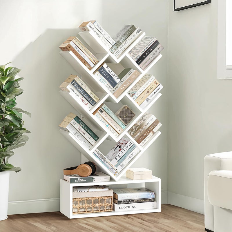 ABOUT SPACE ABOUT SPACE Book Shelf for Home 11 Tier Tree Shaped Book Rack for Study Room DIY Wooden Book Stand with Bottom Storage Space for Office Livingroom Bedroom White L 57 x B 215 x H 109 cm 