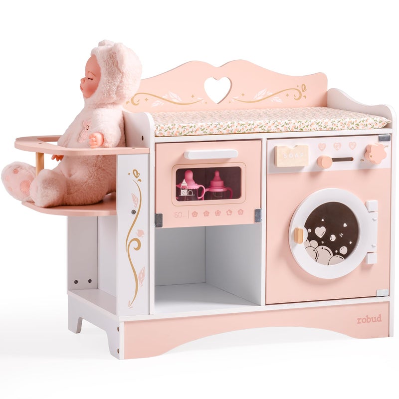 ROBUD Baby Doll Crib Pink Baby Doll Beds Wooden Doll Changing Station with Seat Bottle Sterilizer Washing Machine and Storage Doll Accessories of Toy Crib to Kids WDH20 - Image 3