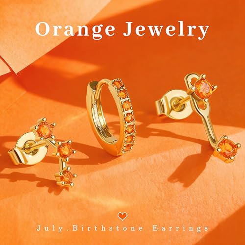 Poxtex Gold Orange Earrings Set for Women, Star Small Cute Jacket Stud Huggie Hoop Earring Stack for Multiple Piercing, July Birthstone Trendy - Image 3