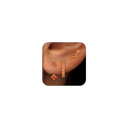 Poxtex Gold Orange Earrings Set for Women, Star Small Cute Jacket Stud Huggie Hoop Earring Stack for Multiple Piercing, July Birthstone Trendy - Image 5