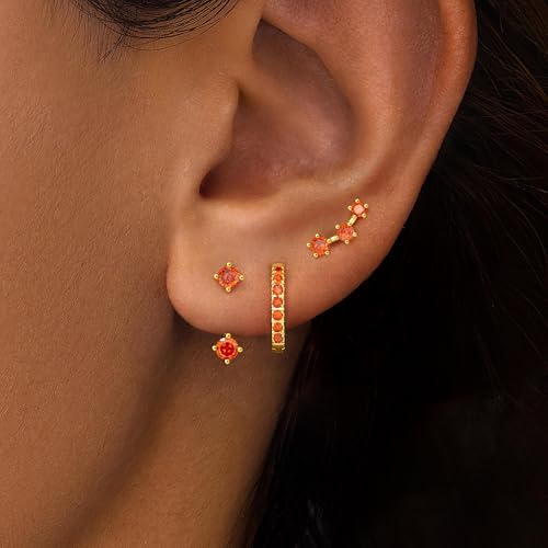 Poxtex Gold Orange Earrings Set for Women, Star Small Cute Jacket Stud Huggie Hoop Earring Stack for Multiple Piercing, July Birthstone Trendy - Image 4