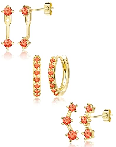 Poxtex Gold Orange Earrings Set for Women, Star Small Cute Jacket Stud Huggie Hoop Earring Stack for Multiple Piercing, July Birthstone Trendy - Image 1