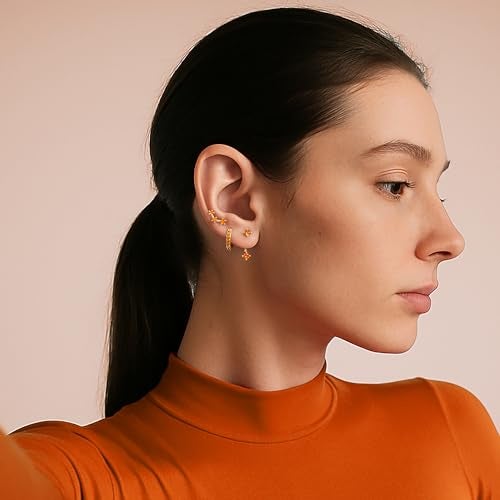 Poxtex Gold Orange Earrings Set for Women, Star Small Cute Jacket Stud Huggie Hoop Earring Stack for Multiple Piercing, July Birthstone Trendy - Image 2