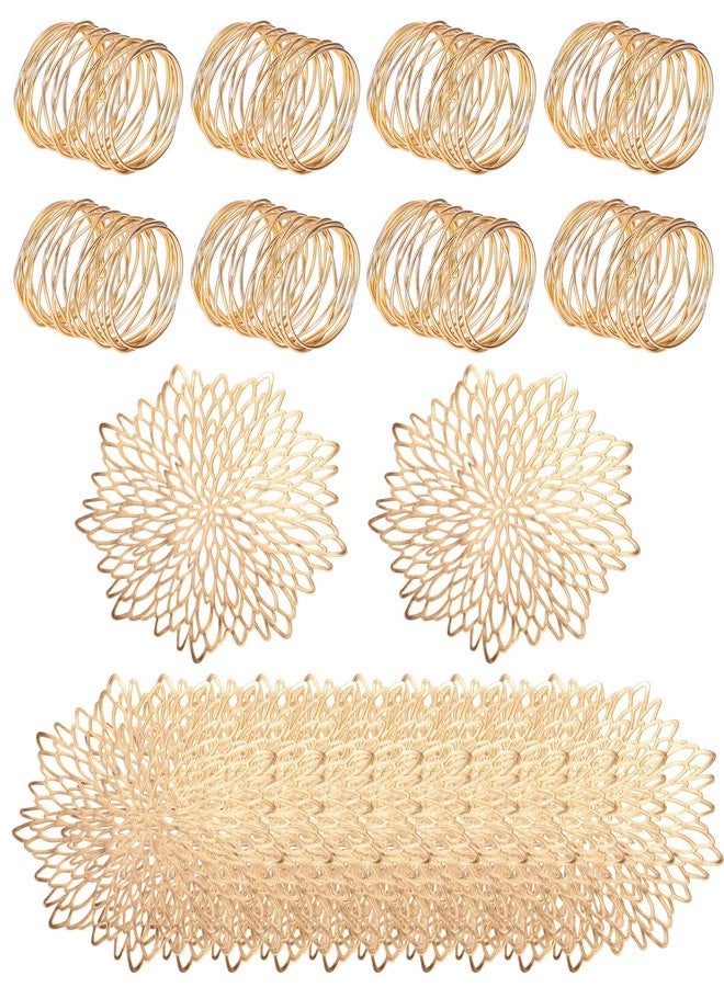 Pickmesh 8 Sets Christmas Dinner Placemats and Napkin Rings Pressed Vinyl Placemats Hollow Out Place Mats Round Mesh Napkin Rings for Wedding New Year Kitchen Table(Gold,Rotary Screen) - Image 1