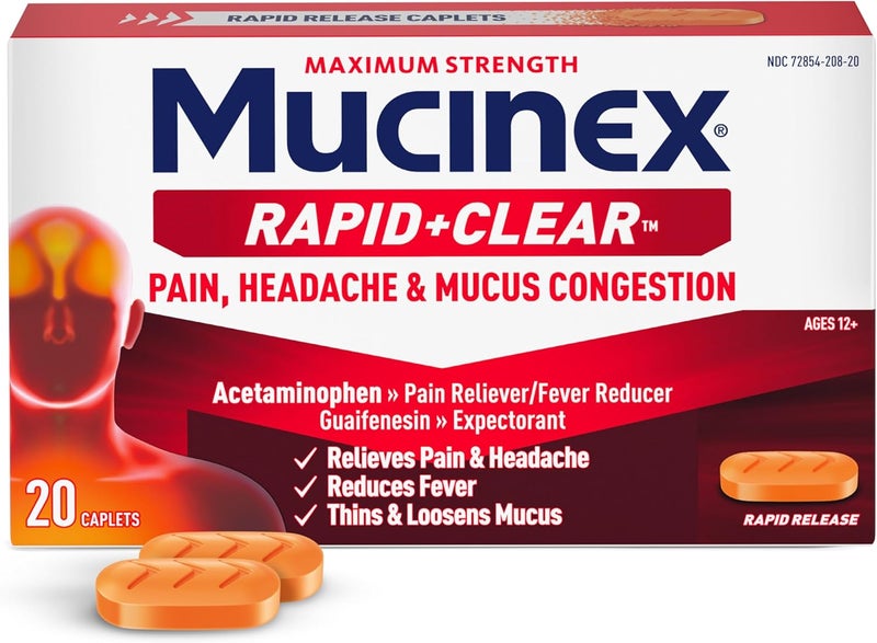 MUCINEX دواء ميوسينكس رابيد كلير أقصى قوة لعلاج البرد  طارد للبلغم  تخفيف الحمى  الألم  الصداع  تخفيف المخاط الزائد مع أسيتامينوفين  جوايفينيسين  أقراص سريعة التحرر للبالغين  20 حبة - Image 1