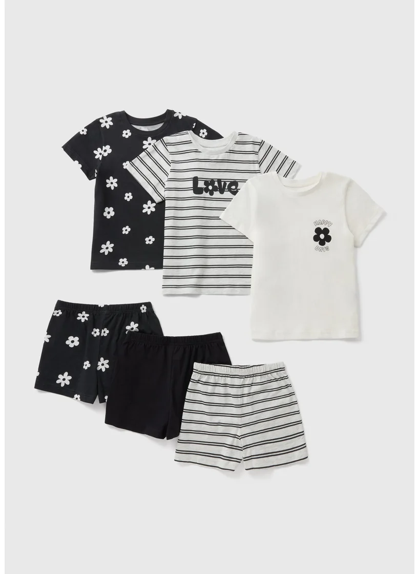 Matalan 3 Pack Girls Black Daisy Shorts Pyjama Set