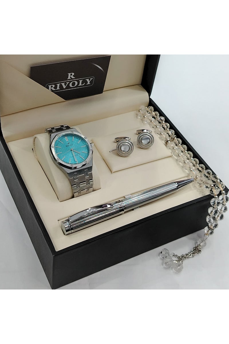 ريفولي طقم رجالي من الستانلس ستيل يتكون من ساعة وسبحة وقلم وازرار اكمام