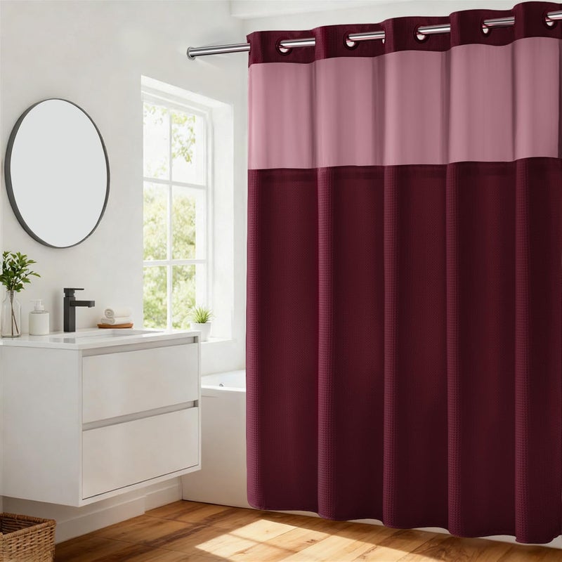 River Dream Heavyweight No Hooks Required Dotted Waffle Weave Shower Curtain with Snap in Liner 71W x 74HHotel GradeSpa Like Bath CurtainRed Rio
