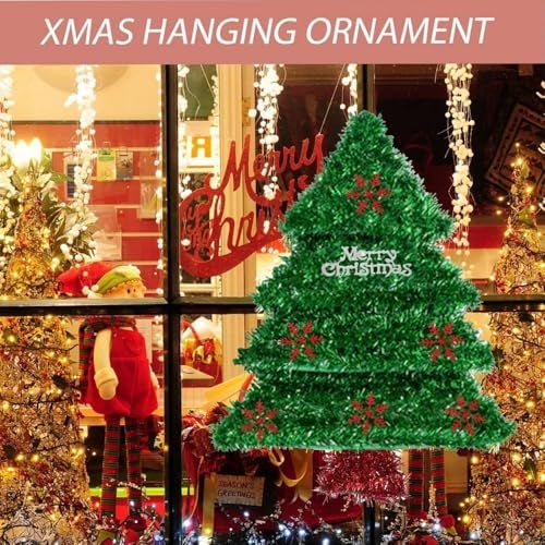 AMFIN (2 Feet) Plastic Frame Tinsel Wall Hanging, Christmas Tree Wreath for Front Door Decoration - Green - Image 4