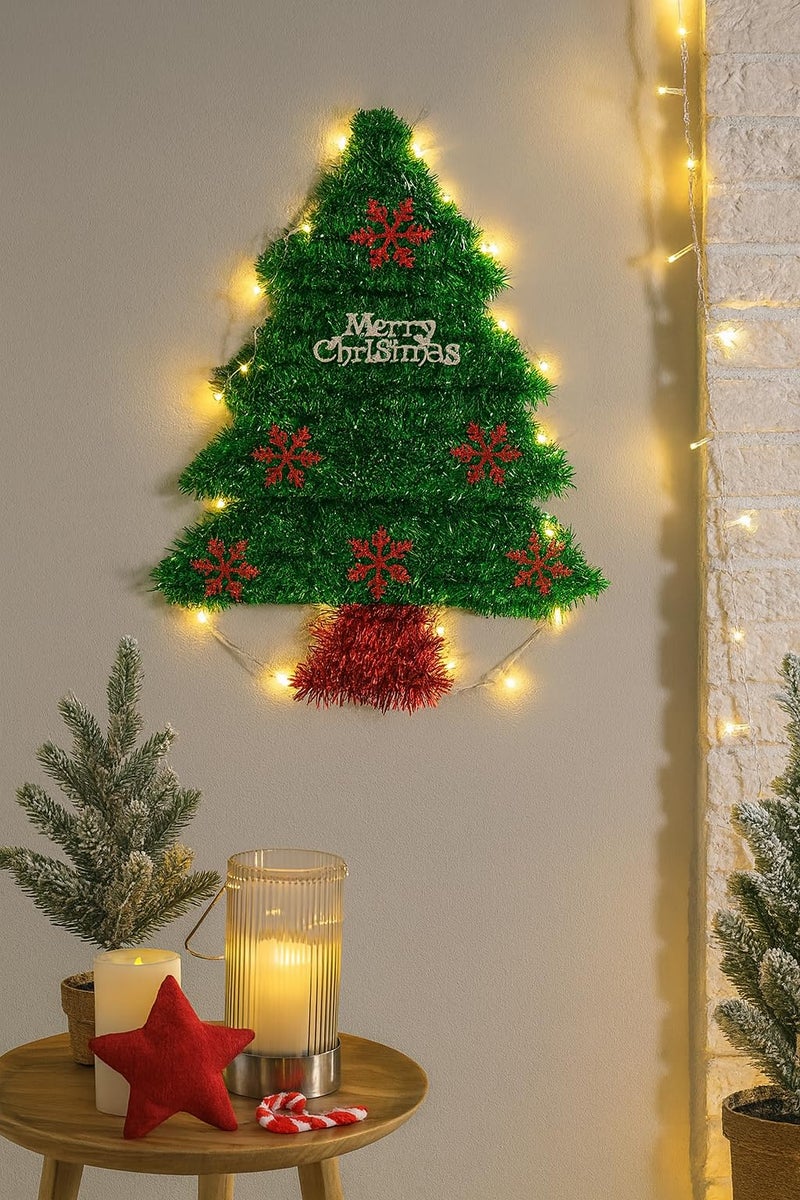 AMFIN (2 Feet) Plastic Frame Tinsel Wall Hanging, Christmas Tree Wreath for Front Door Decoration - Green - Image 3