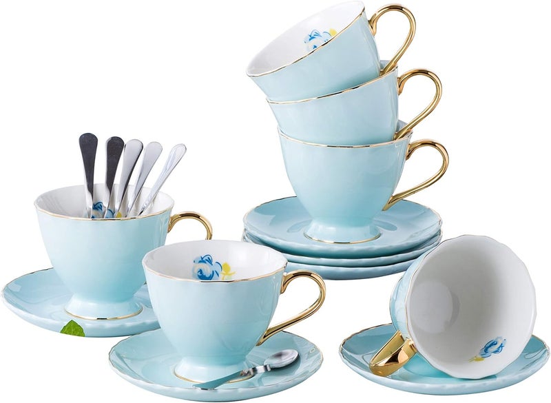 Jusalpha Fine China Tea Cup and Saucer Coffee Cup Set with Saucer and Spoon Set of 6 FDTCS02 blue 6 7oz - Image 1