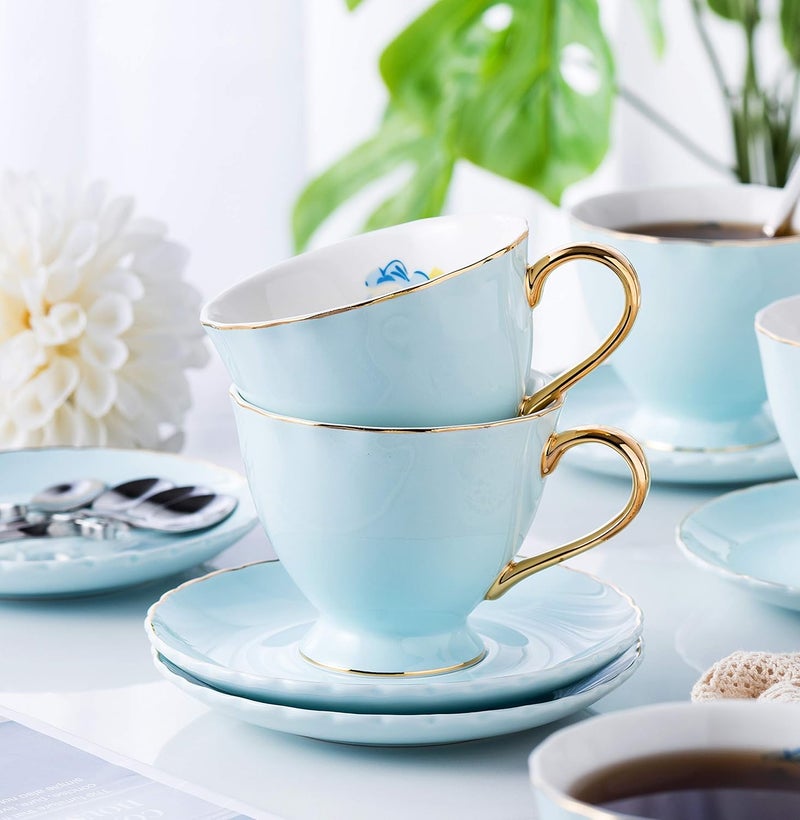 Jusalpha Fine China Tea Cup and Saucer Coffee Cup Set with Saucer and Spoon Set of 6 FDTCS02 blue 6 7oz - Image 2
