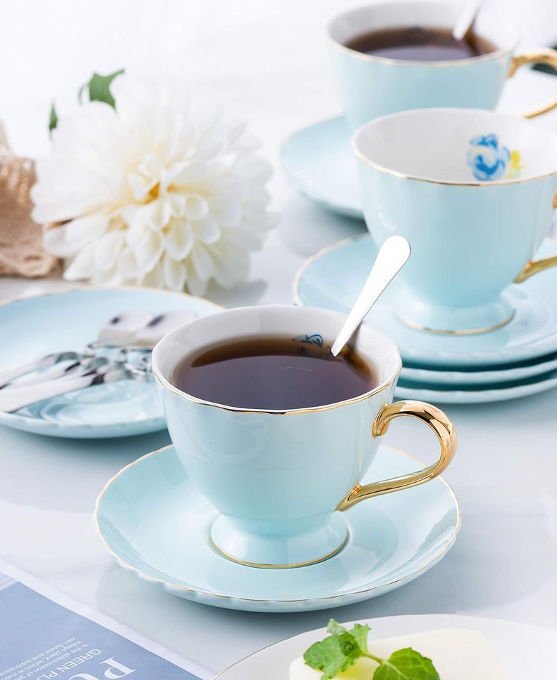 Jusalpha Fine China Tea Cup and Saucer Coffee Cup Set with Saucer and Spoon Set of 6 FDTCS02 blue 6 7oz - Image 3
