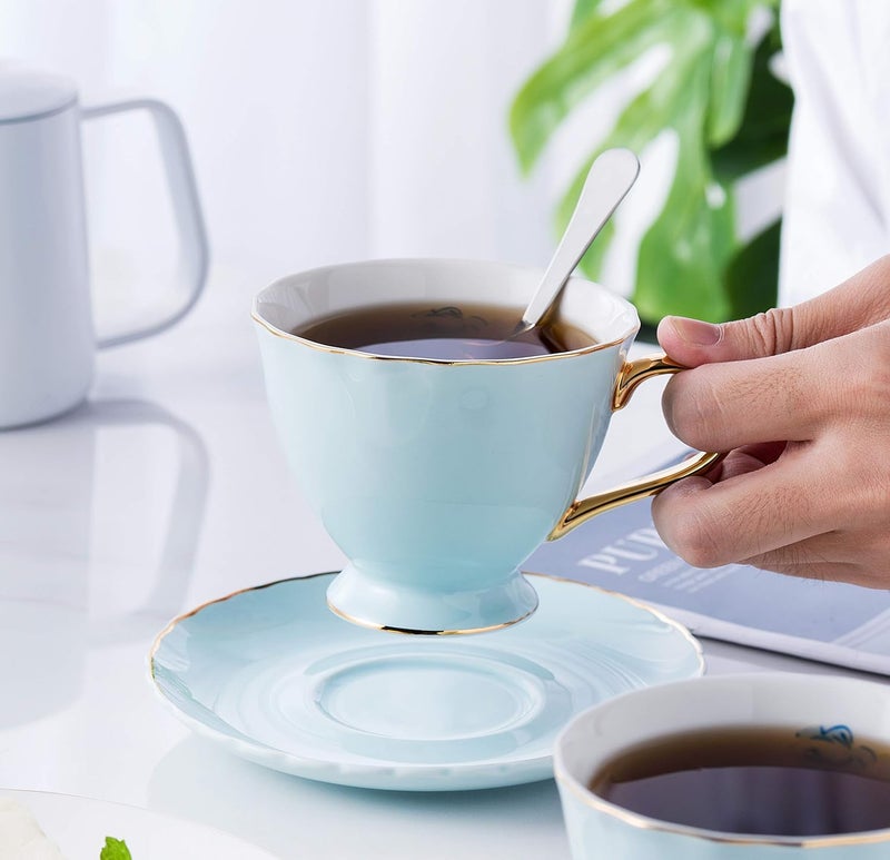 Jusalpha Fine China Tea Cup and Saucer Coffee Cup Set with Saucer and Spoon Set of 6 FDTCS02 blue 6 7oz - Image 5